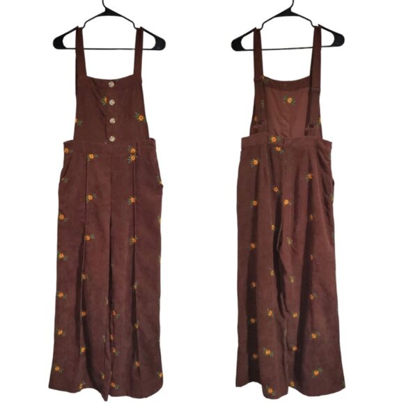 Cider Women's Brown Corduroy Floral Embroidered Wide-Leg Overalls - Small - Picture 2 of 7